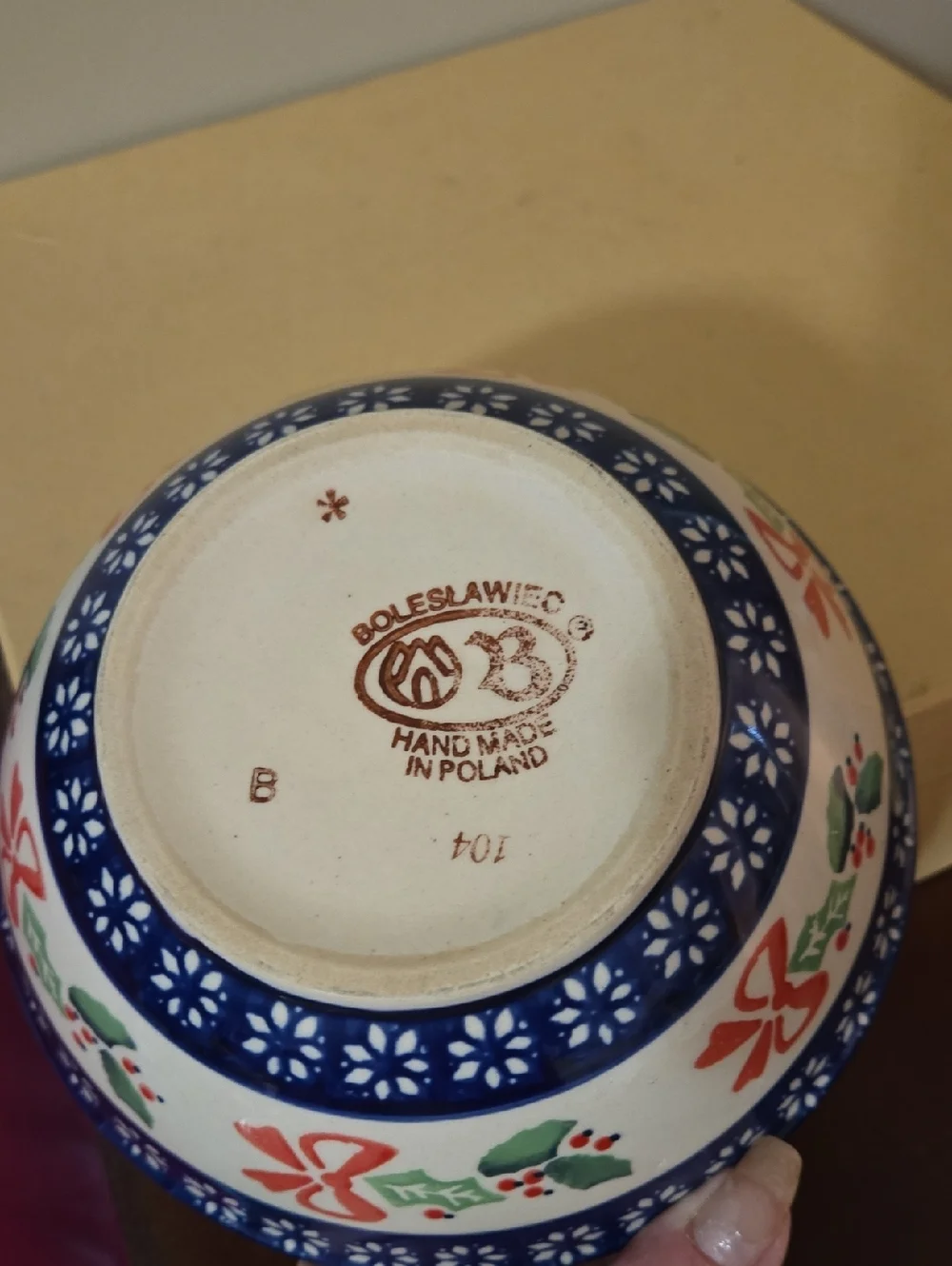 Polish Pottery Boleslawiec Hand-Painted Ceramic Bowl in Blue, White, Red & Green